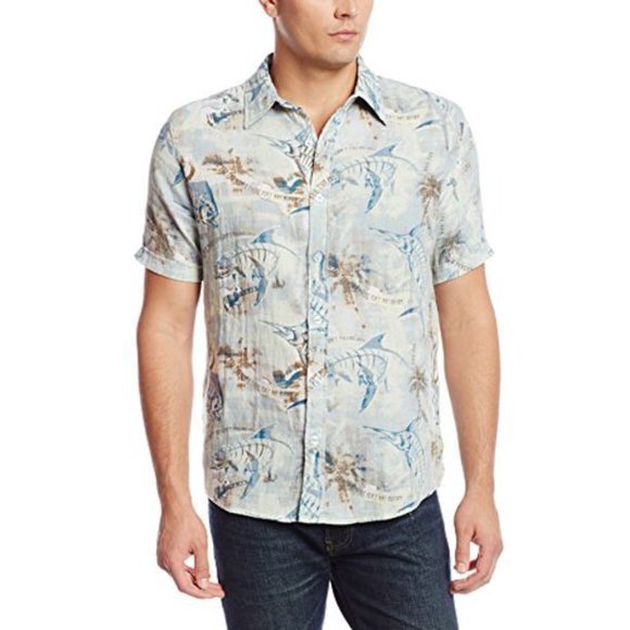 Margaritaville Men's Short Sleeve Perfect Weather Blue Button Front Shirt - Picture 1 of 6